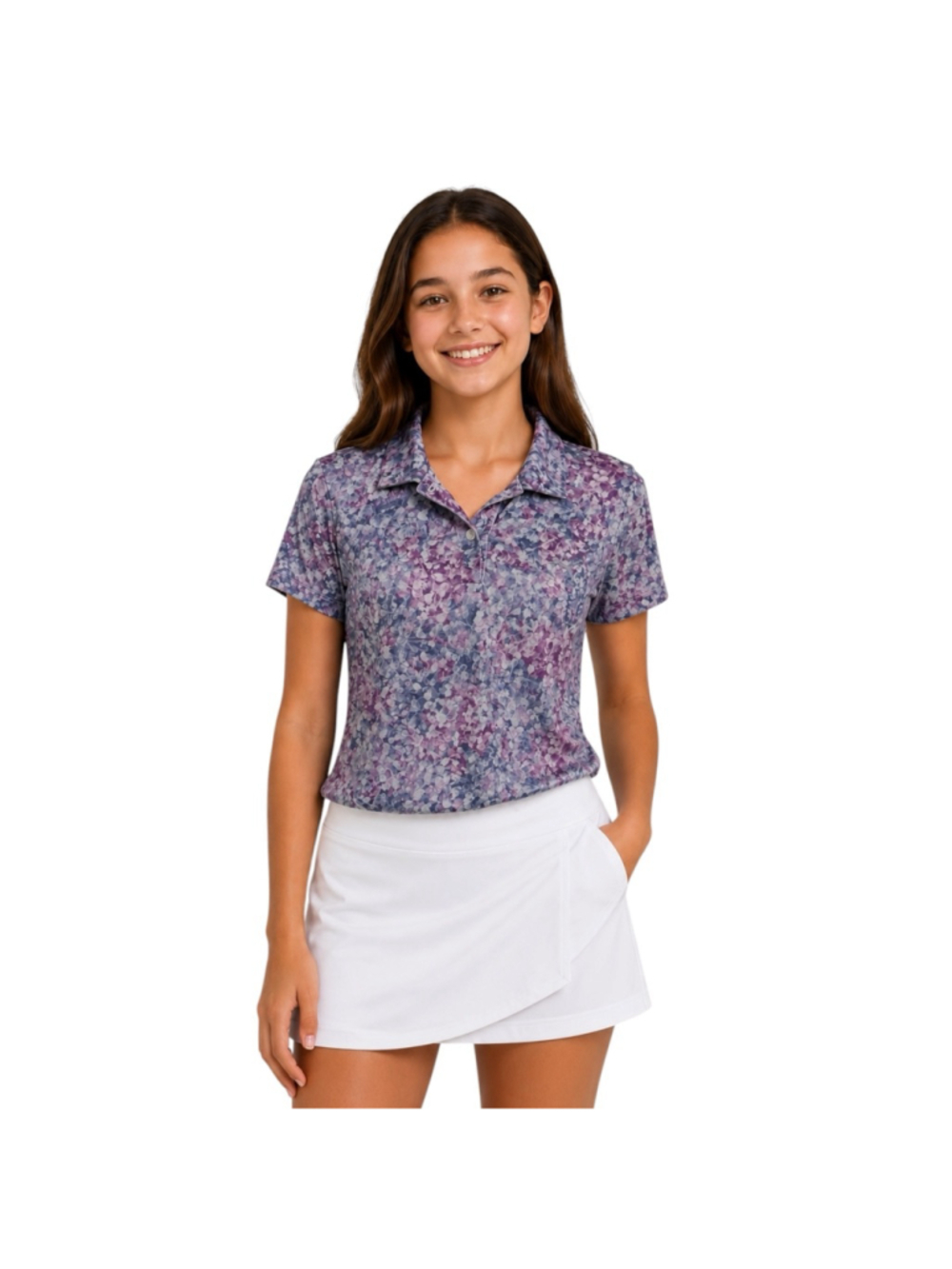 PUMA Girls Golf Polo Shirt Purple Blue Floral Print Size 10 (140) Short Sleeve